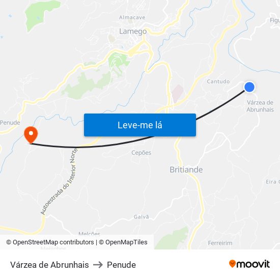 Várzea de Abrunhais to Penude map