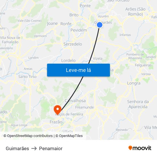 Guimarães to Penamaior map