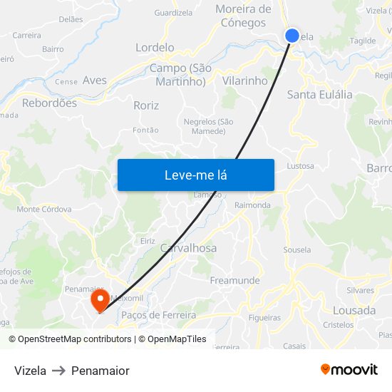 Vizela to Penamaior map