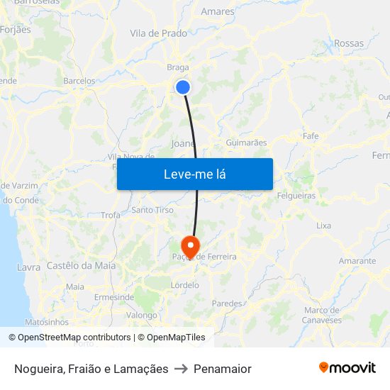 Nogueira, Fraião e Lamaçães to Penamaior map