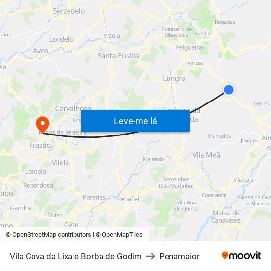 Vila Cova da Lixa e Borba de Godim to Penamaior map