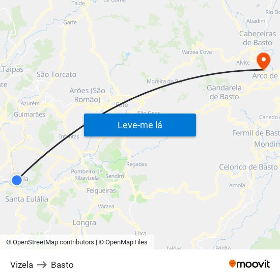 Vizela to Basto map