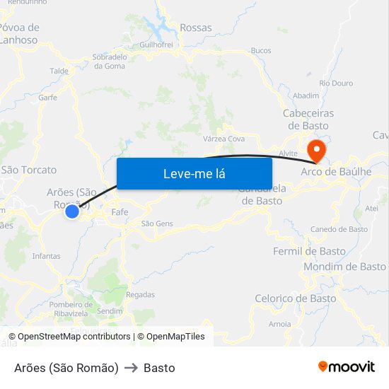 Arões (São Romão) to Basto map