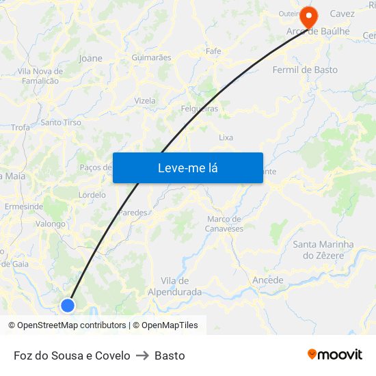 Foz do Sousa e Covelo to Basto map