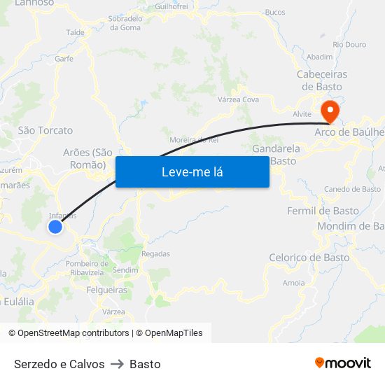 Serzedo e Calvos to Basto map