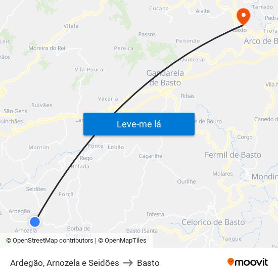 Ardegão, Arnozela e Seidões to Basto map