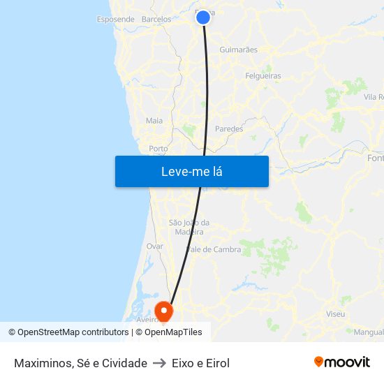 Maximinos, Sé e Cividade to Eixo e Eirol map