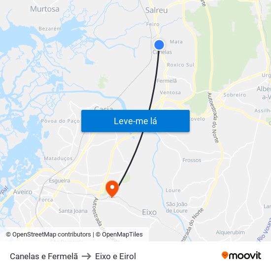 Canelas e Fermelã to Eixo e Eirol map