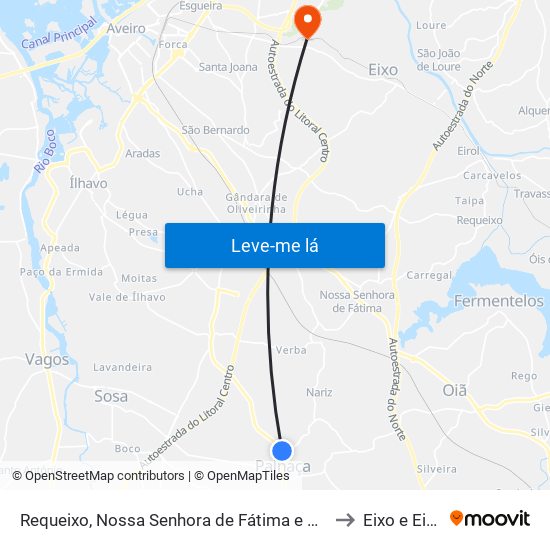 Requeixo, Nossa Senhora de Fátima e Nariz to Eixo e Eirol map