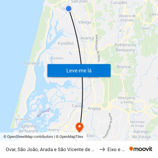 Ovar, São João, Arada e São Vicente de Pereira Jusã to Eixo e Eirol map