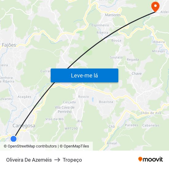Oliveira De Azeméis to Tropeço map