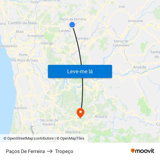 Paços De Ferreira to Tropeço map