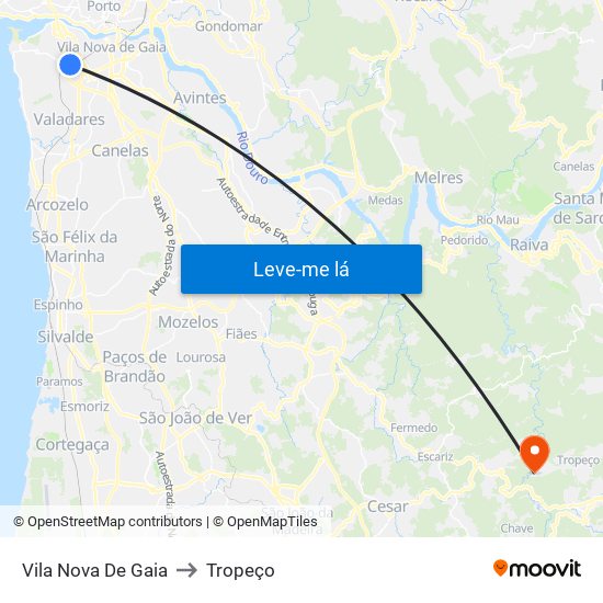 Vila Nova De Gaia to Tropeço map