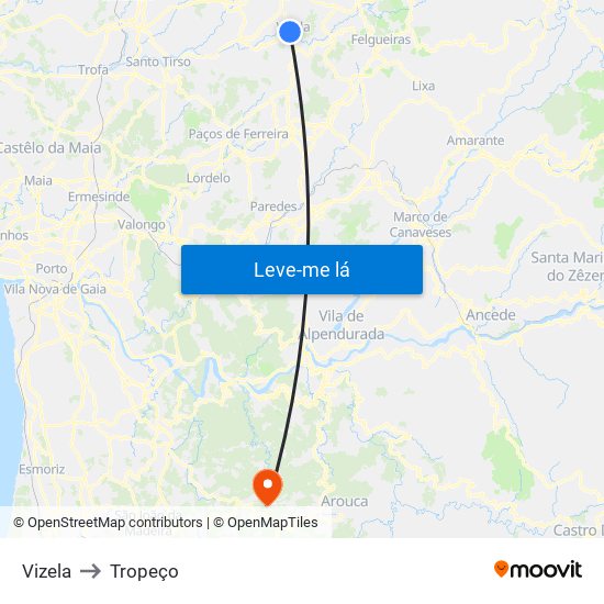 Vizela to Tropeço map
