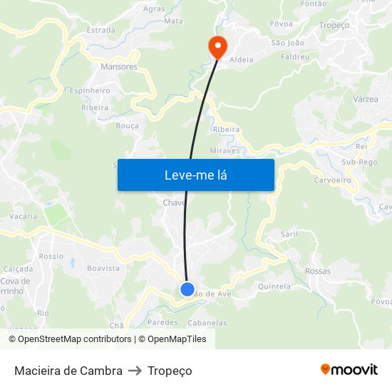 Macieira de Cambra to Tropeço map