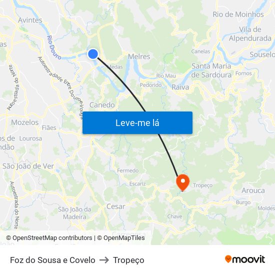 Foz do Sousa e Covelo to Tropeço map