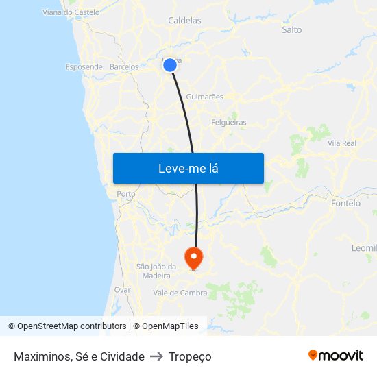 Maximinos, Sé e Cividade to Tropeço map