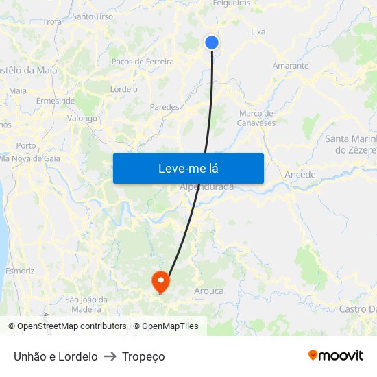 Unhão e Lordelo to Tropeço map