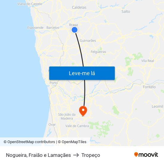 Nogueira, Fraião e Lamaçães to Tropeço map