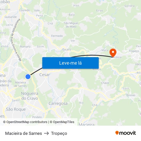 Macieira de Sarnes to Tropeço map