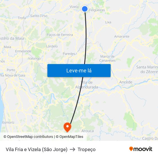 Vila Fria e Vizela (São Jorge) to Tropeço map