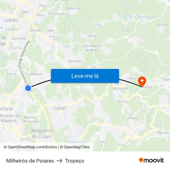 Milheirós de Poiares to Tropeço map