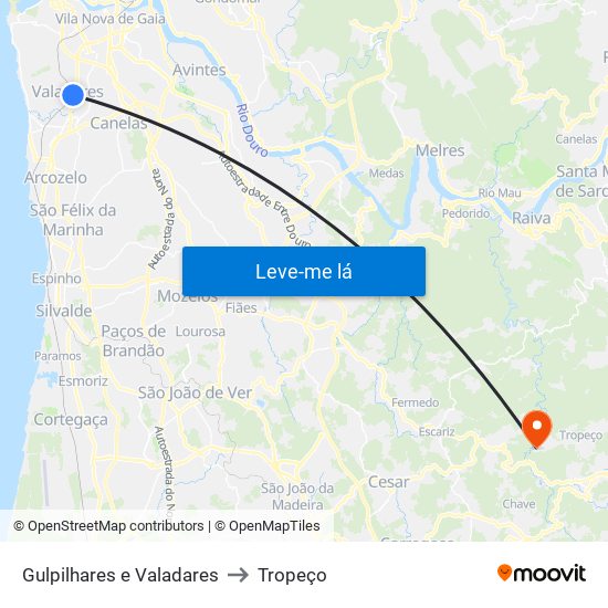 Gulpilhares e Valadares to Tropeço map