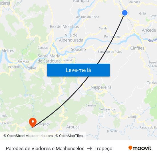 Paredes de Viadores e Manhuncelos to Tropeço map