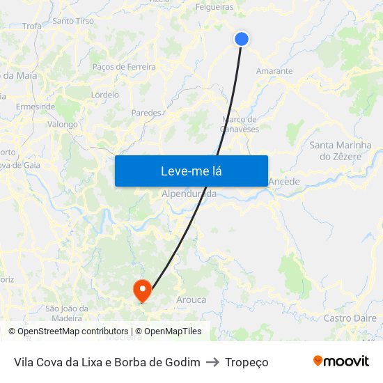 Vila Cova da Lixa e Borba de Godim to Tropeço map