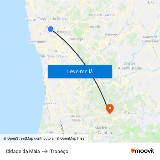 Cidade da Maia to Tropeço map