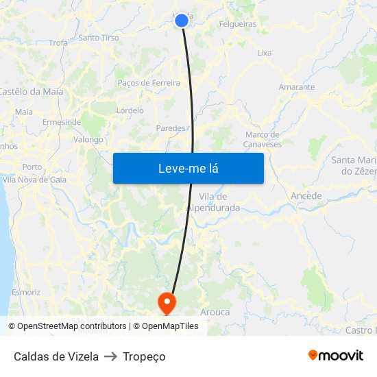 Caldas de Vizela to Tropeço map