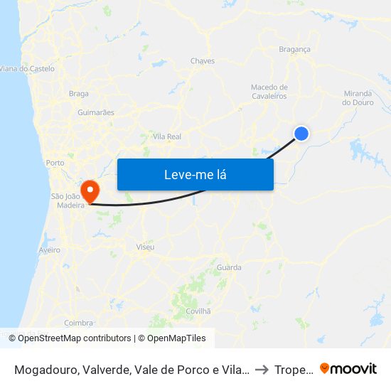 Mogadouro, Valverde, Vale de Porco e Vilar de Rei to Tropeço map