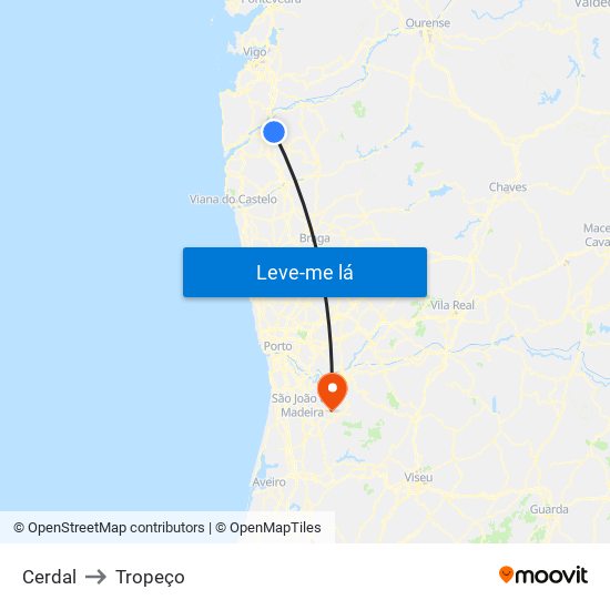 Cerdal to Tropeço map