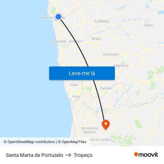 Santa Marta de Portuzelo to Tropeço map