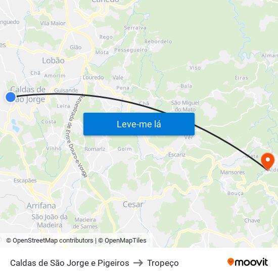 Caldas de São Jorge e Pigeiros to Tropeço map
