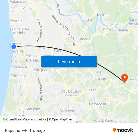 Espinho to Tropeço map