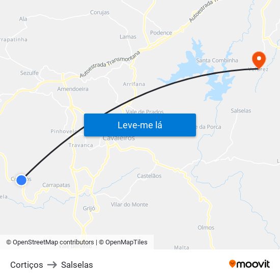 Cortiços to Salselas map