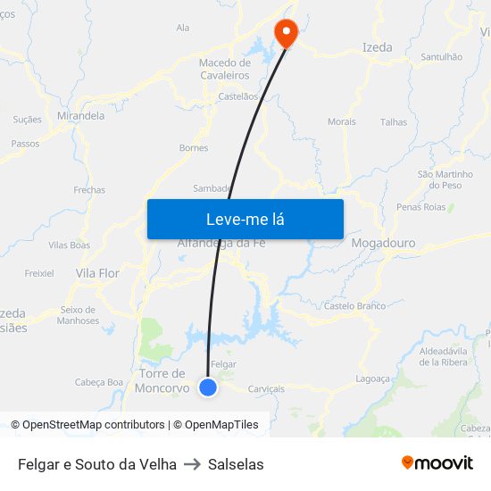 Felgar e Souto da Velha to Salselas map