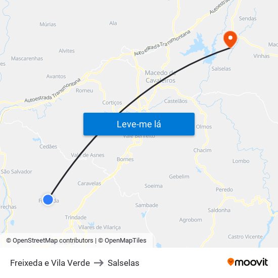 Freixeda e Vila Verde to Salselas map