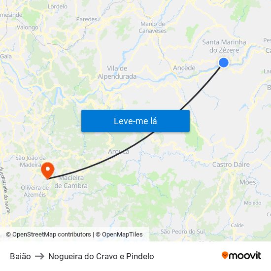 Baião to Nogueira do Cravo e Pindelo map