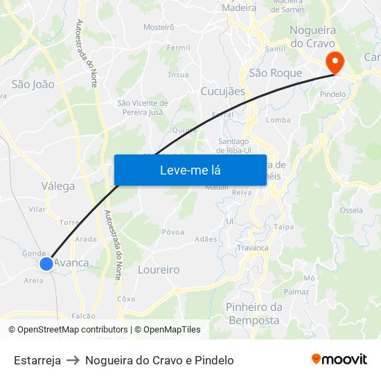 Estarreja to Nogueira do Cravo e Pindelo map