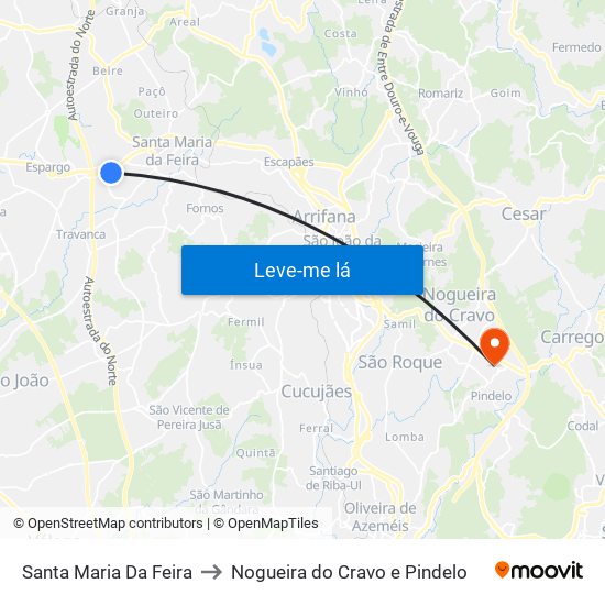 Santa Maria Da Feira to Nogueira do Cravo e Pindelo map