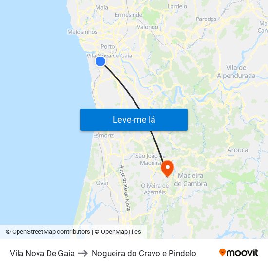 Vila Nova De Gaia to Nogueira do Cravo e Pindelo map