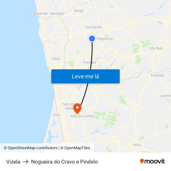 Vizela to Nogueira do Cravo e Pindelo map