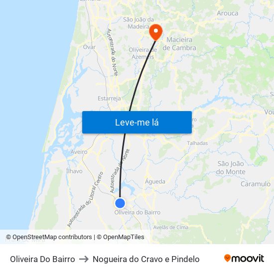 Oliveira Do Bairro to Nogueira do Cravo e Pindelo map