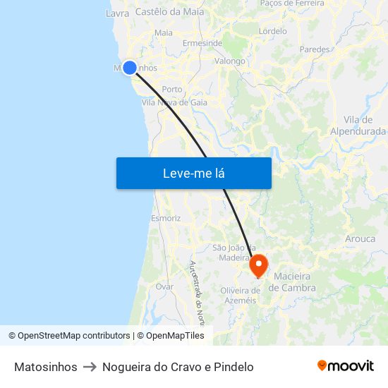 Matosinhos to Nogueira do Cravo e Pindelo map