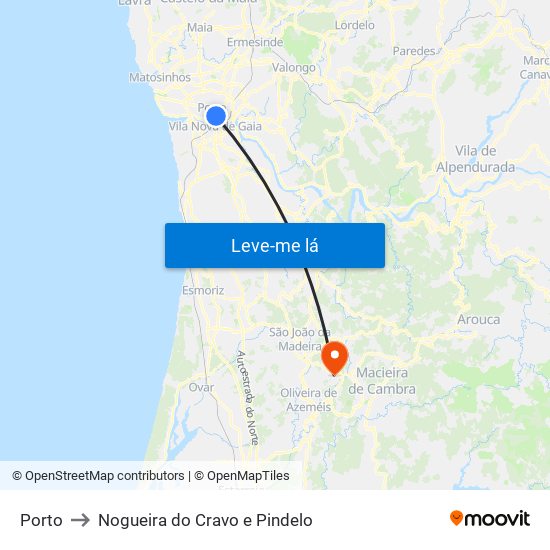 Porto to Nogueira do Cravo e Pindelo map