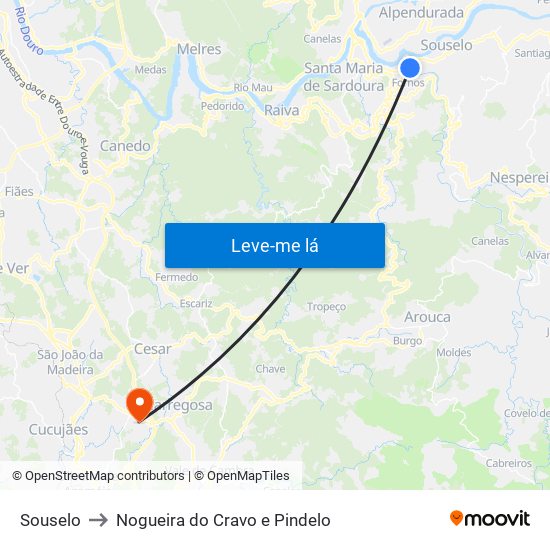 Souselo to Nogueira do Cravo e Pindelo map