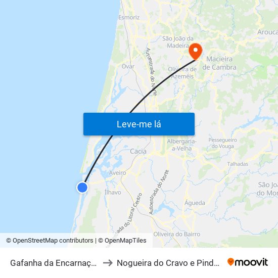 Gafanha da Encarnação to Nogueira do Cravo e Pindelo map