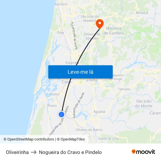 Oliveirinha to Nogueira do Cravo e Pindelo map